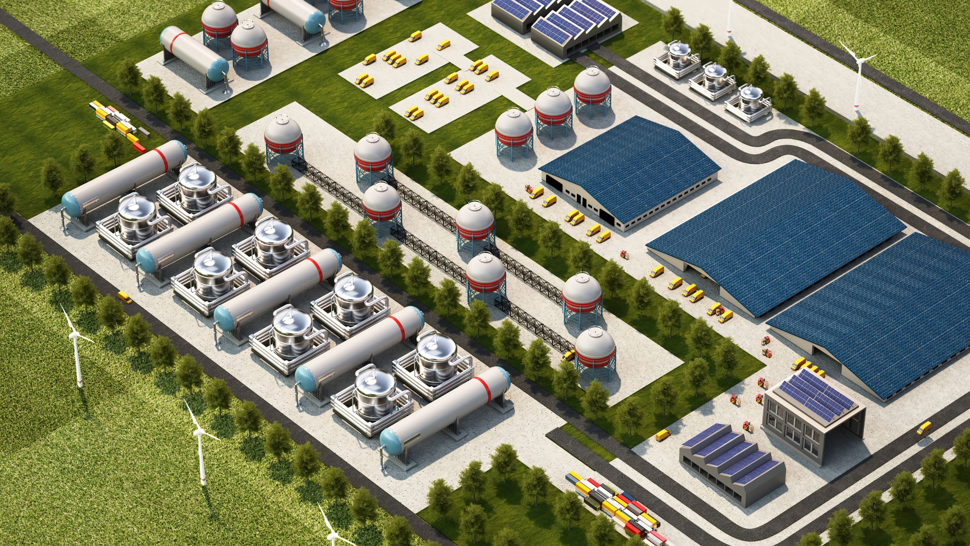 Aerial View Video of an Industrial Facility With Solar Panels, Wind Turbines, Storage Tanks and Warehouses.