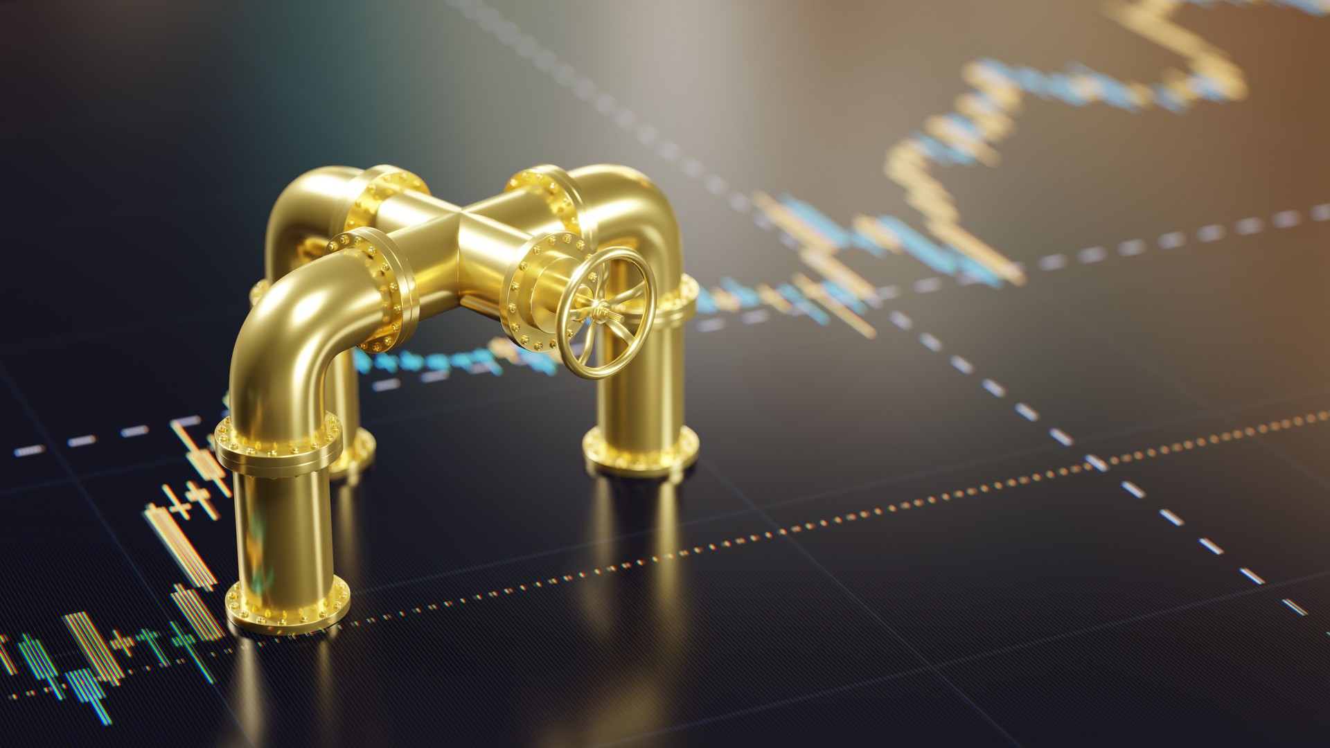 Golden Gas Tap with Pipeline System on Digital Display with Financial Chart