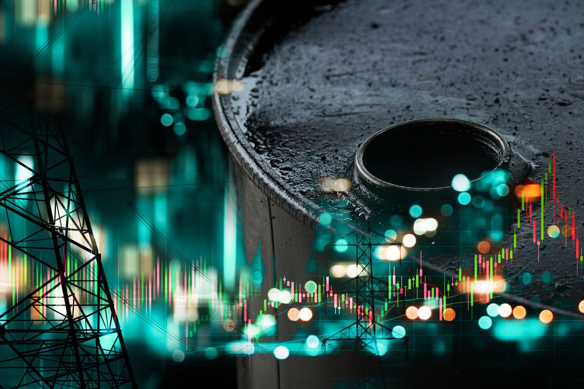 oil and electricity industry with market stock graph energy city business background