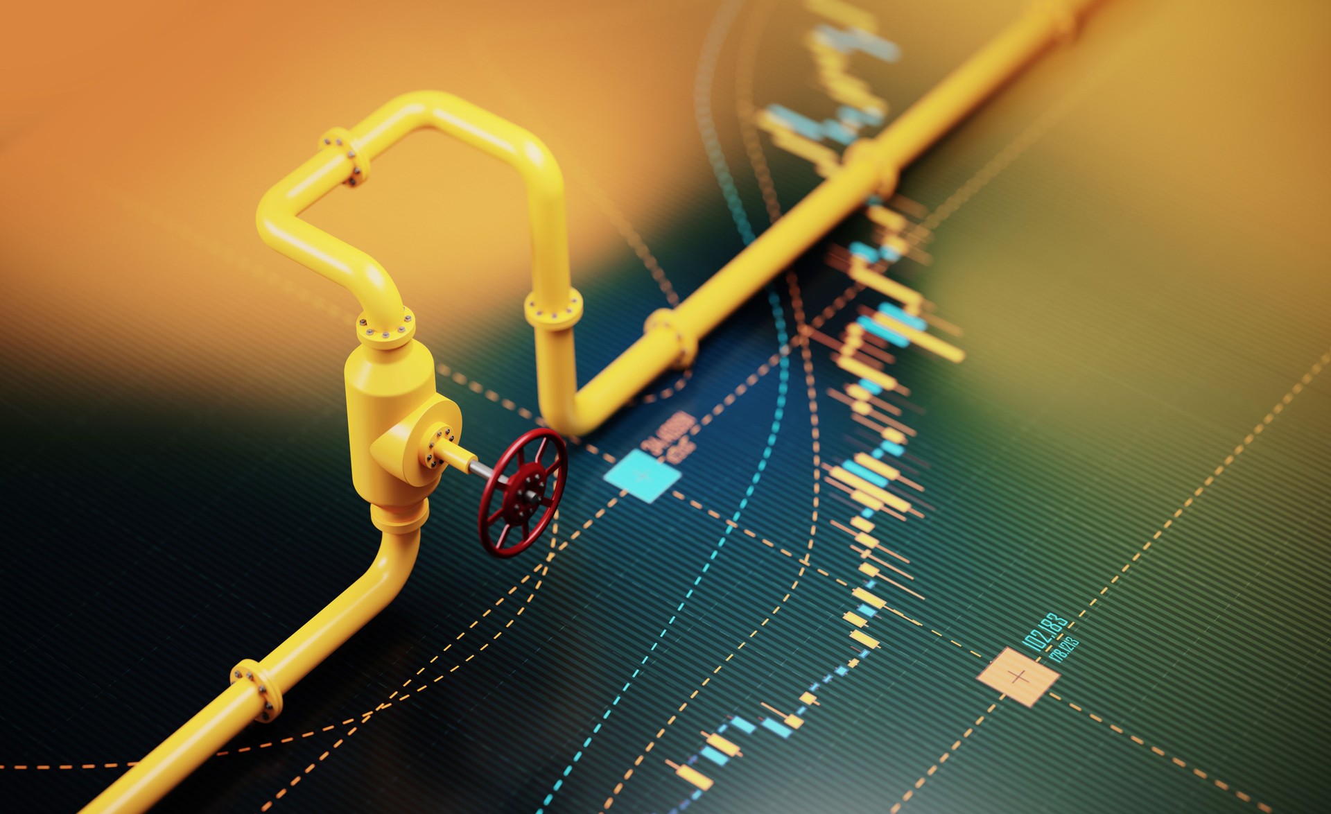 Natural Gas Pipes Sitting On Yellow Chart - Natural Gas And Energy Crisis And Finance Concept