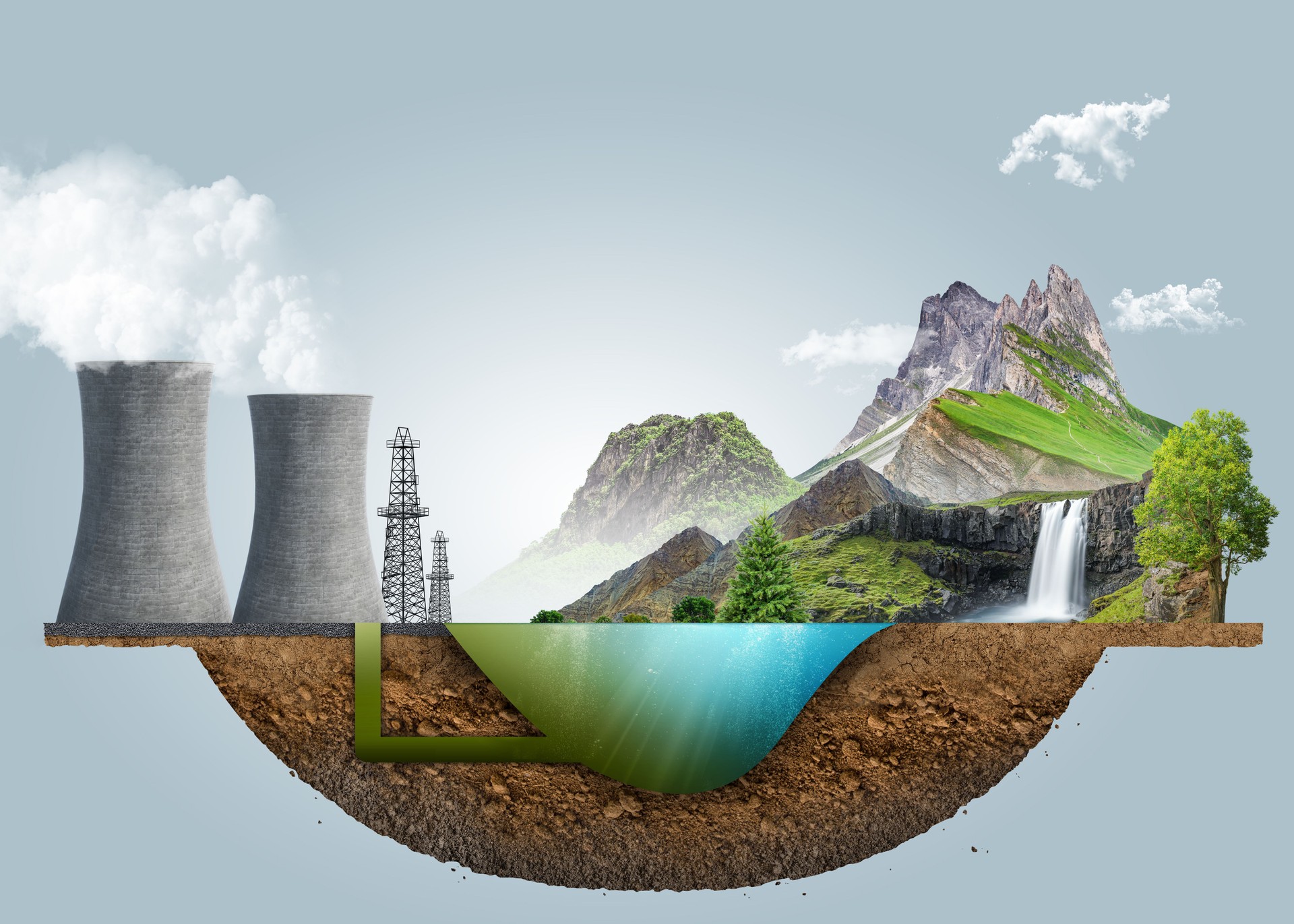 sewage system. Dirty water pollution connected with fresh river water. acid waste.  Petrol disaster. Lack of fresh drinking. Nature landscape and power plants. pollution. isometric design.